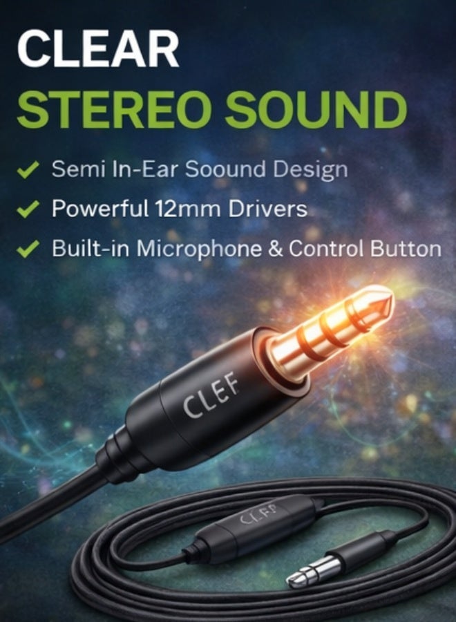 CLEF Wired Earphones with Microphone, High Fidelity Stereo Sound, 3.5mm Plug & Play, Semi In-Ear Design for Music & Calls – Black - Image 4